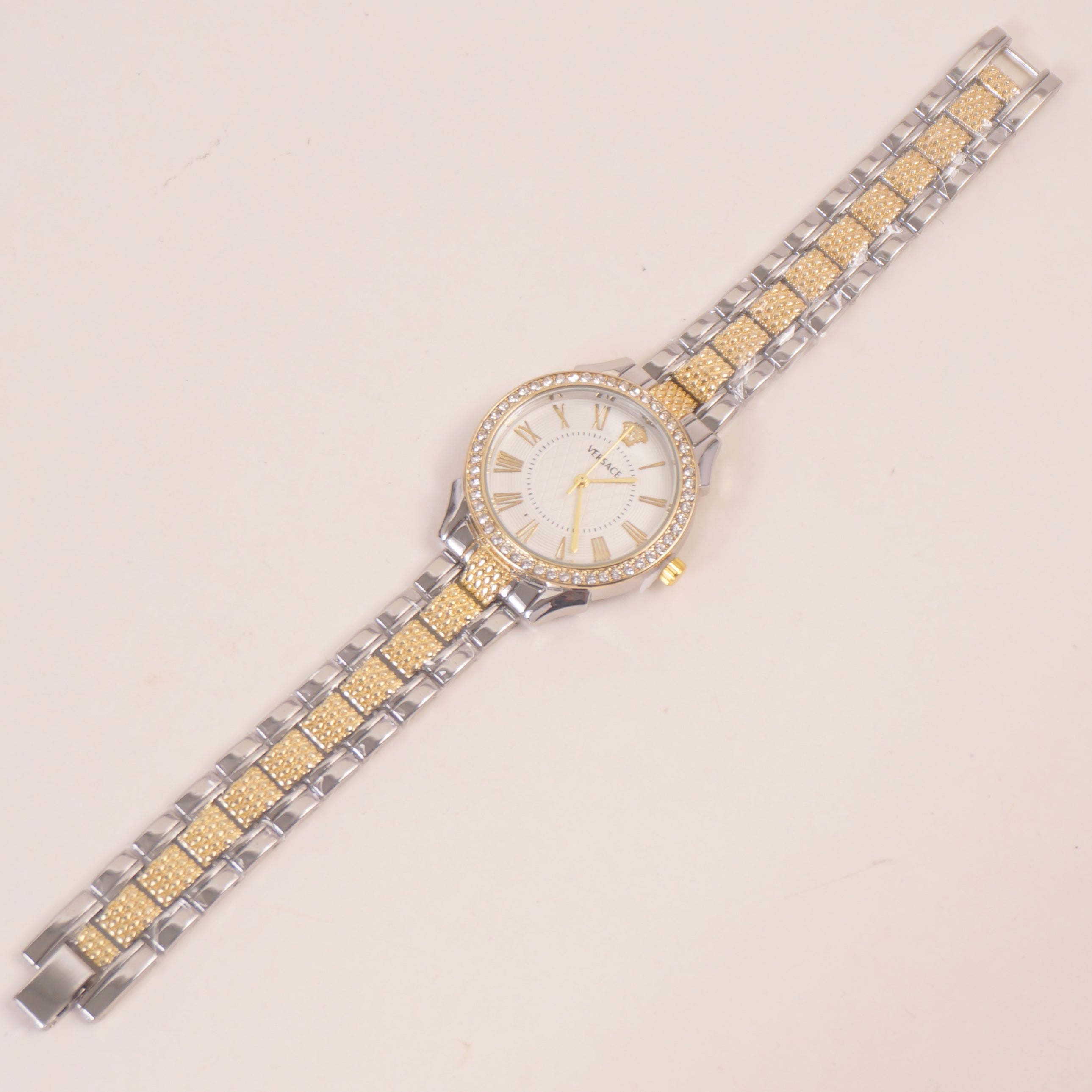 Two Tone Women Stone Design Chain Wrist Watch Golden