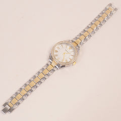 Two Tone Women Stone Design Chain Wrist Watch Golden