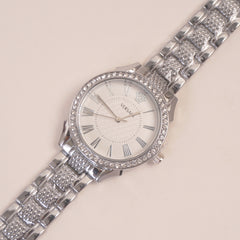 Women Stone Design Chain Wrist Watch Silver