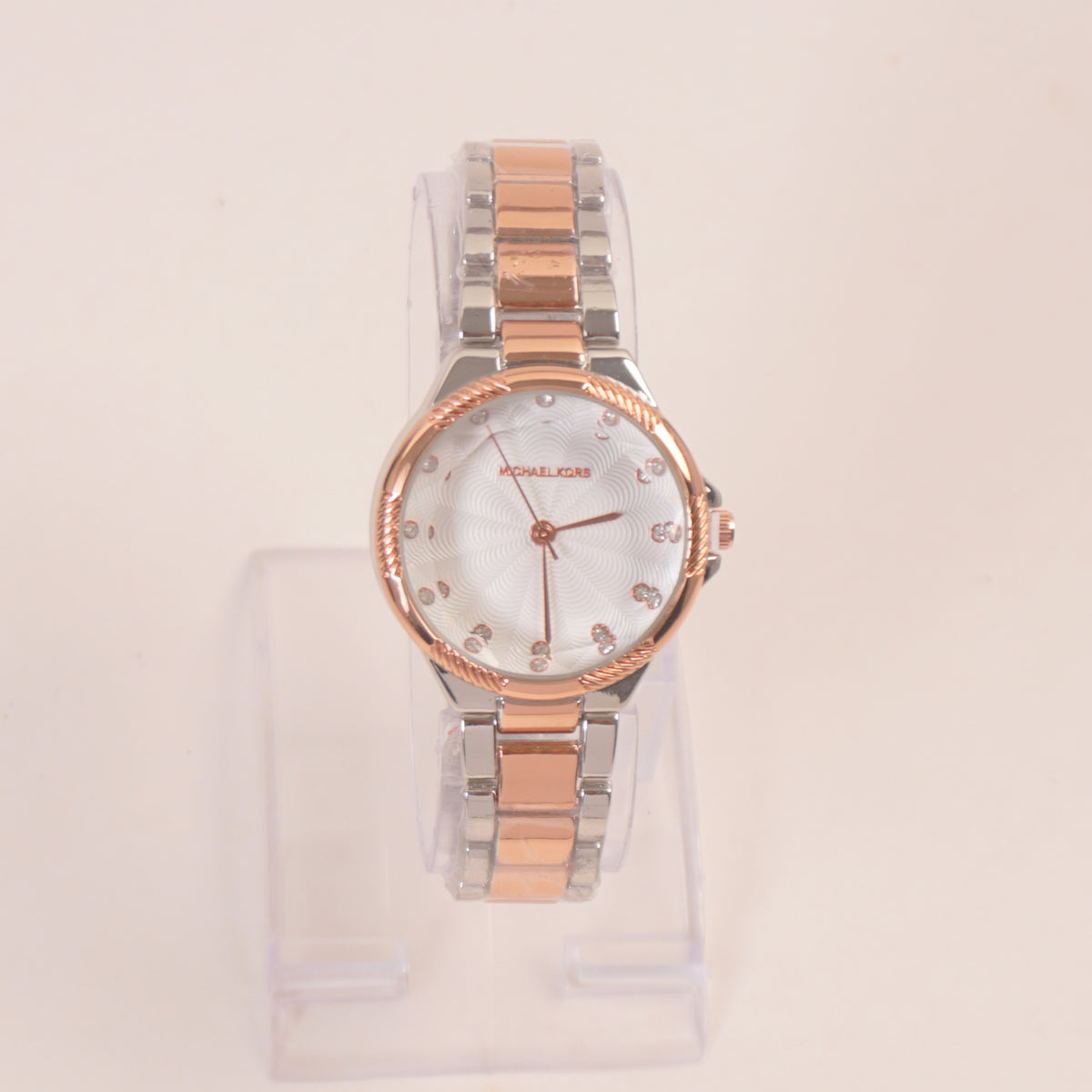 Two Tone Women Stone Design Chain Wrist Watch White