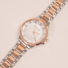 Two Tone Women Stone Design Chain Wrist Watch White