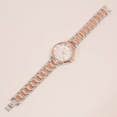 Two Tone Women Stone Design Chain Wrist Watch White