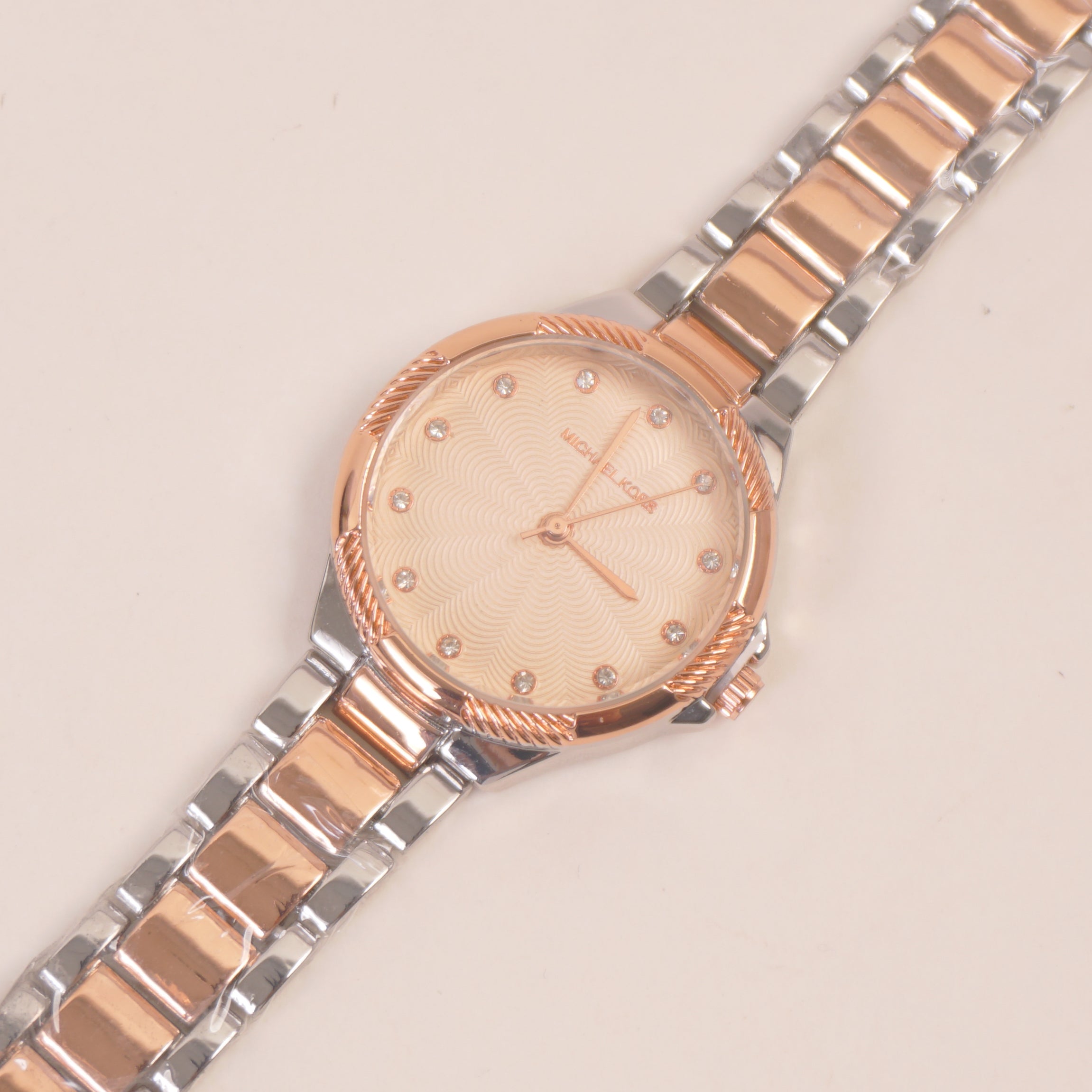 Two Tone Women Stone Design Chain Wrist Watch Pink