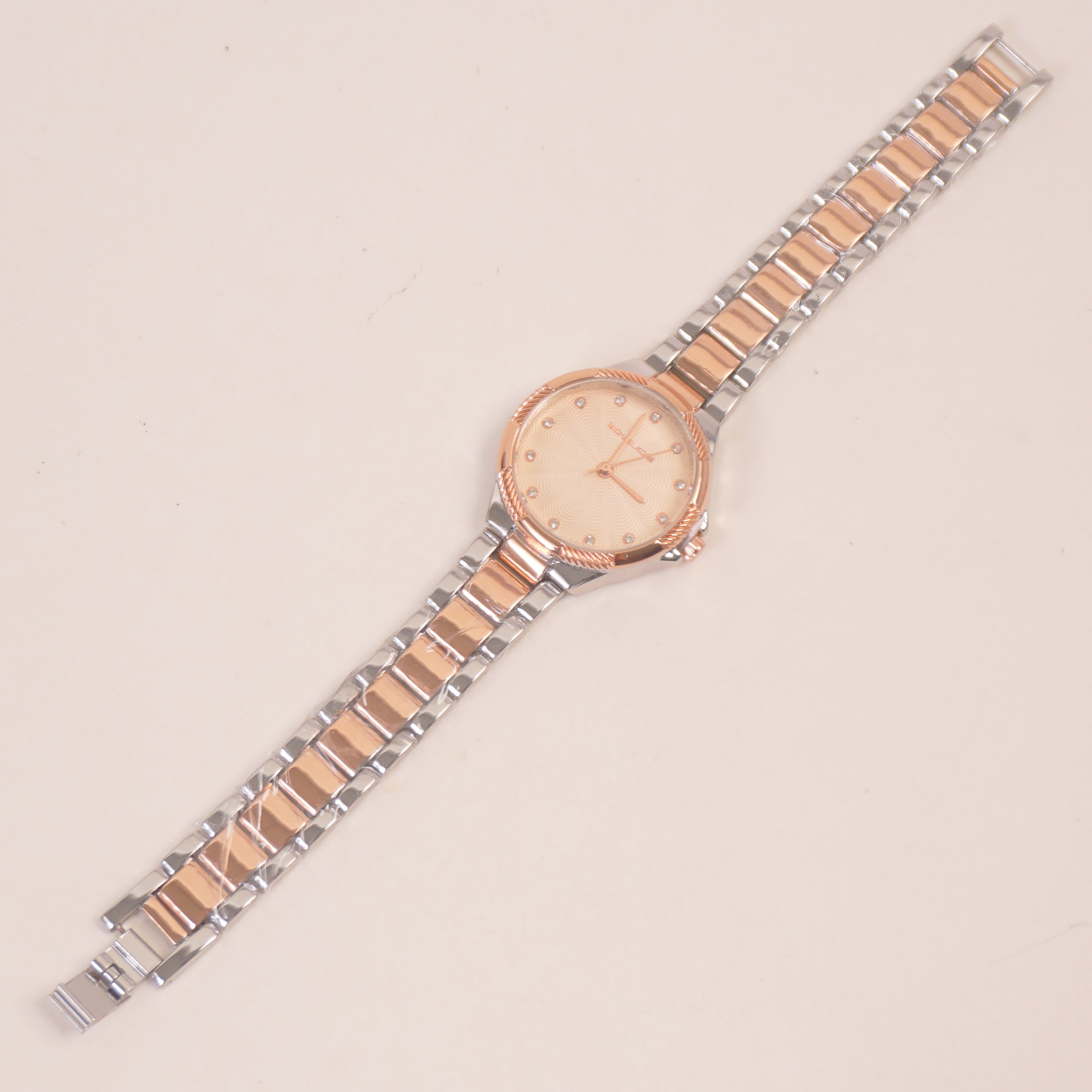 Two Tone Women Stone Design Chain Wrist Watch Pink