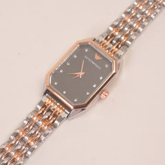 Two Tone Rosegold Women Stone Design Chain Wrist Watch Balck