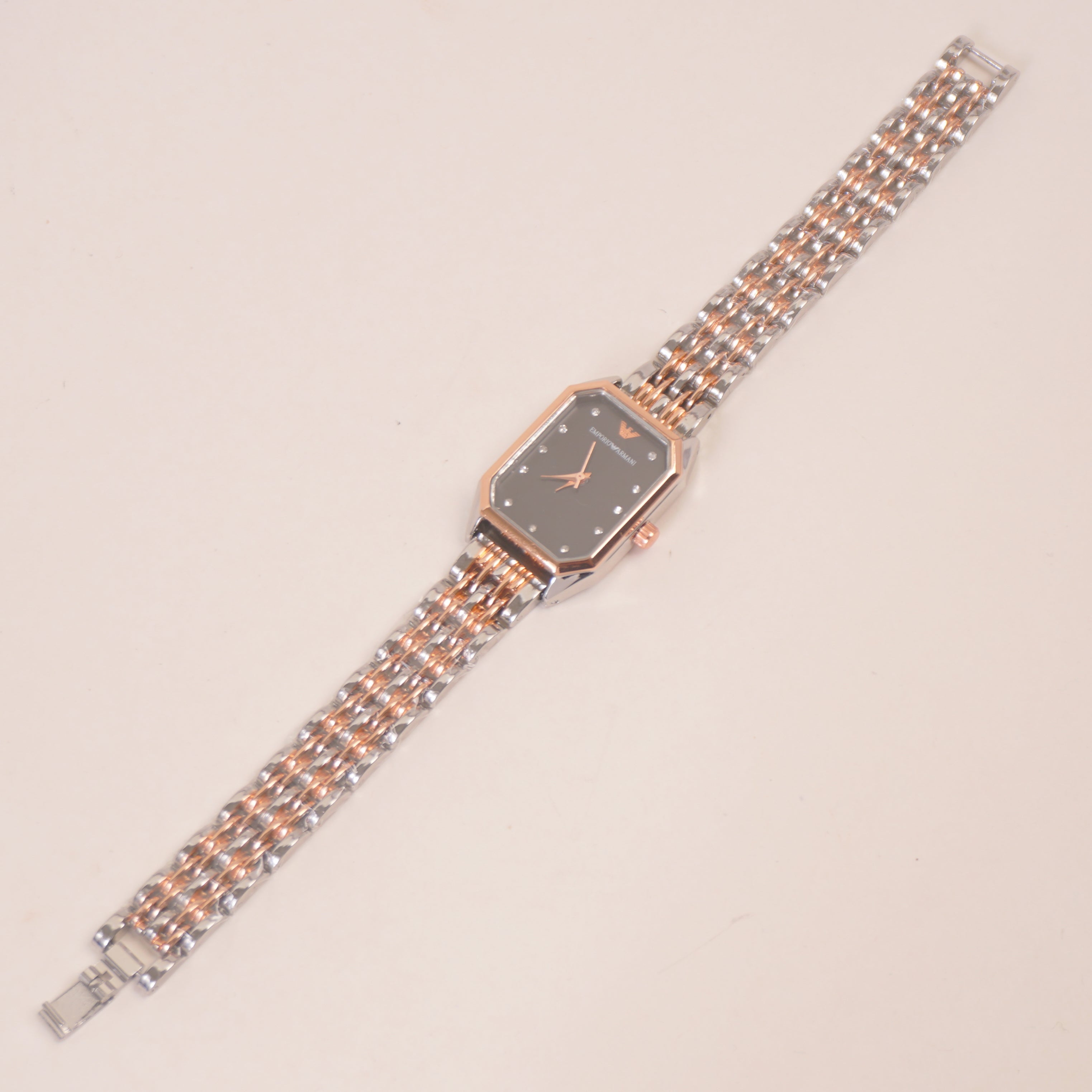 Two Tone Rosegold Women Stone Design Chain Wrist Watch Balck