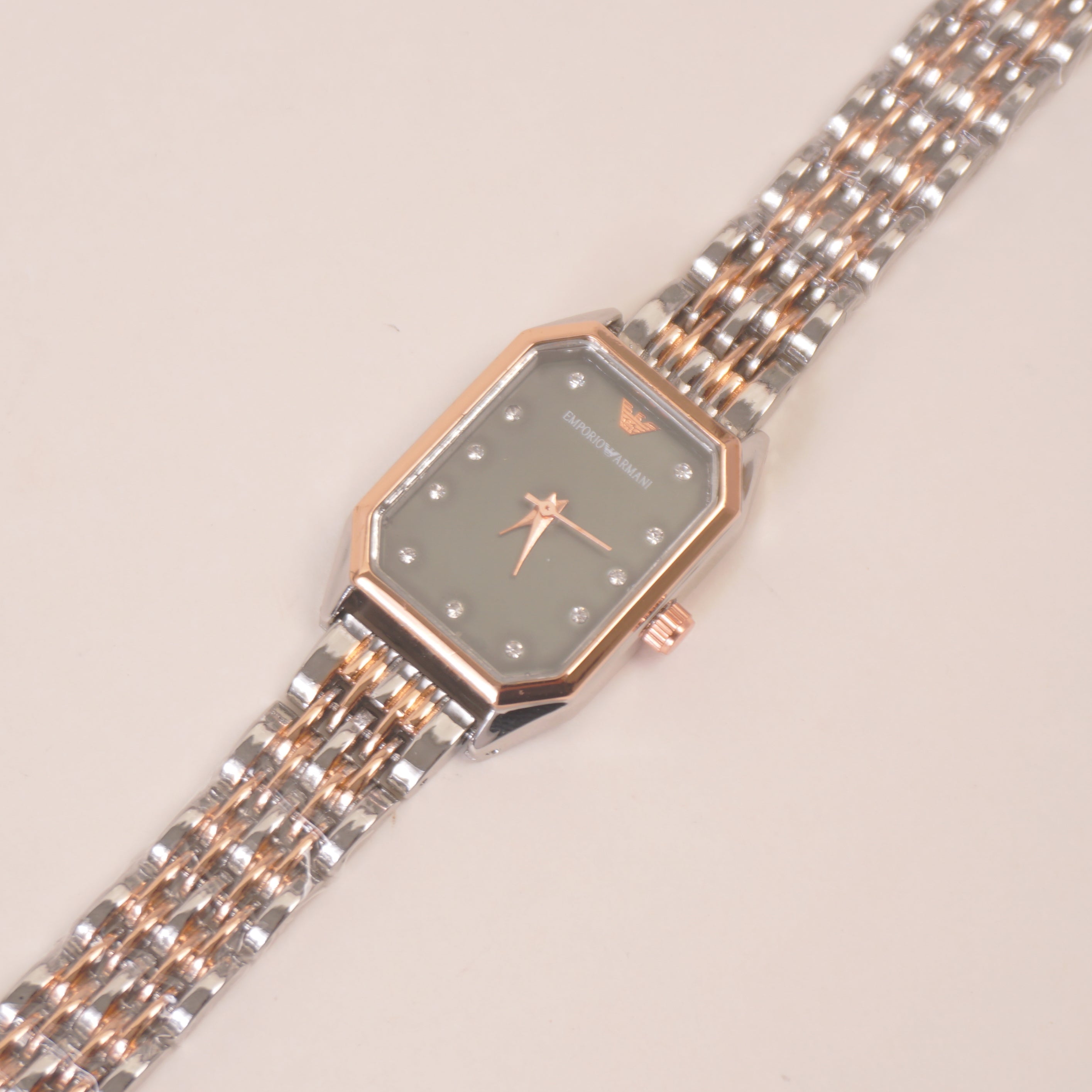 Two Tone Women Stone Design Chain Wrist Watch Green