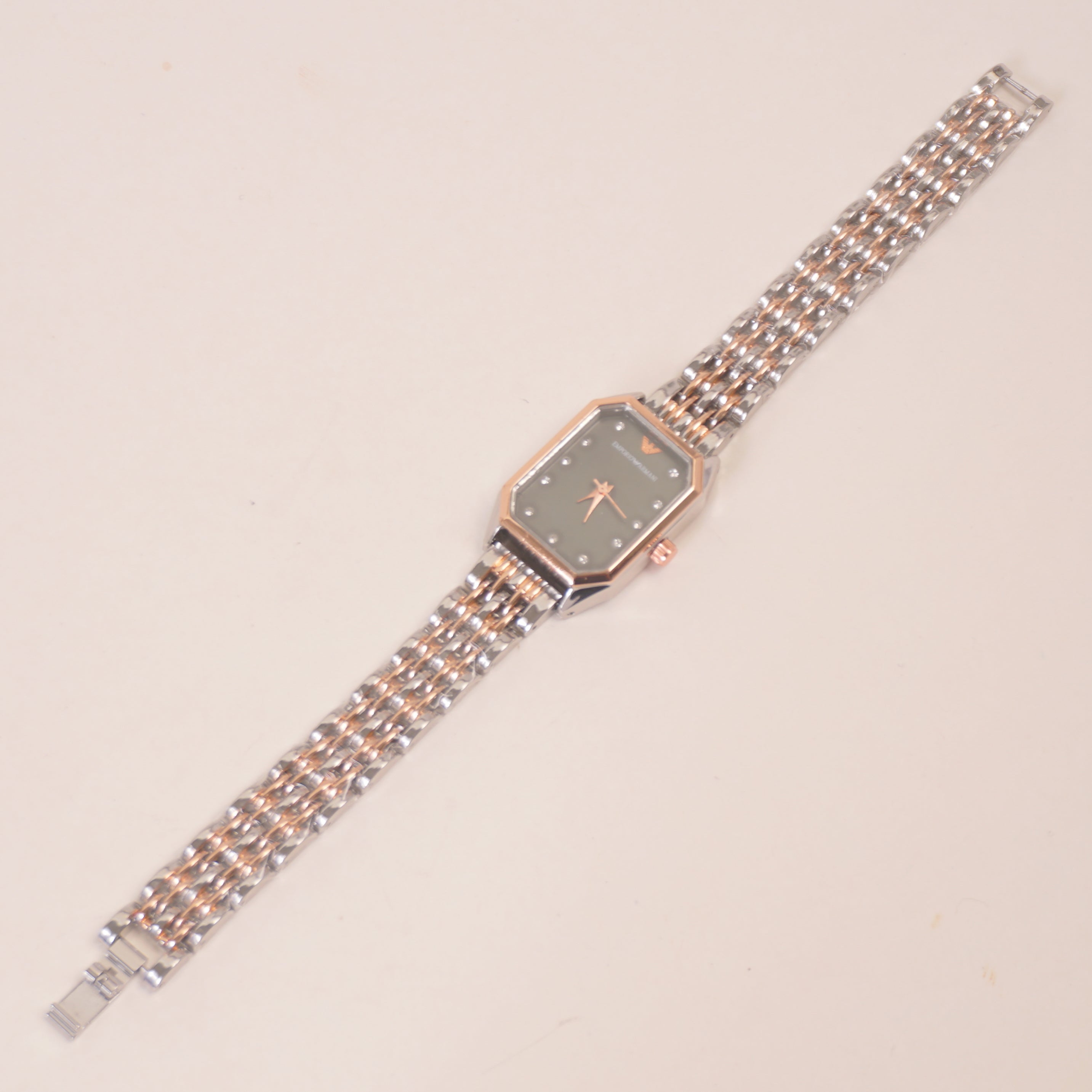 Two Tone Women Stone Design Chain Wrist Watch Green