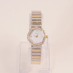 Two Tone Women Stone Design Chain Wrist Watch White