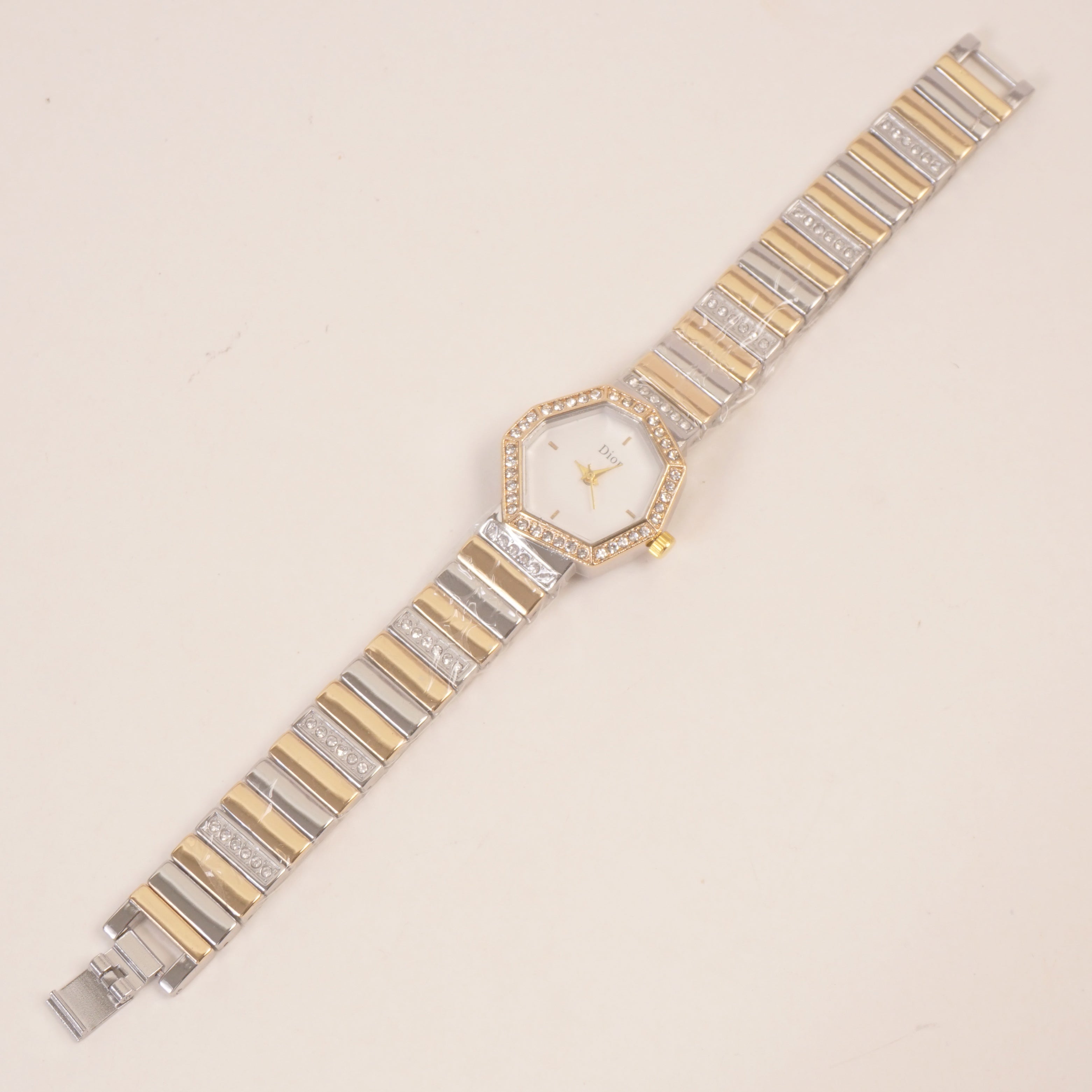 Two Tone Women Stone Design Chain Wrist Watch White