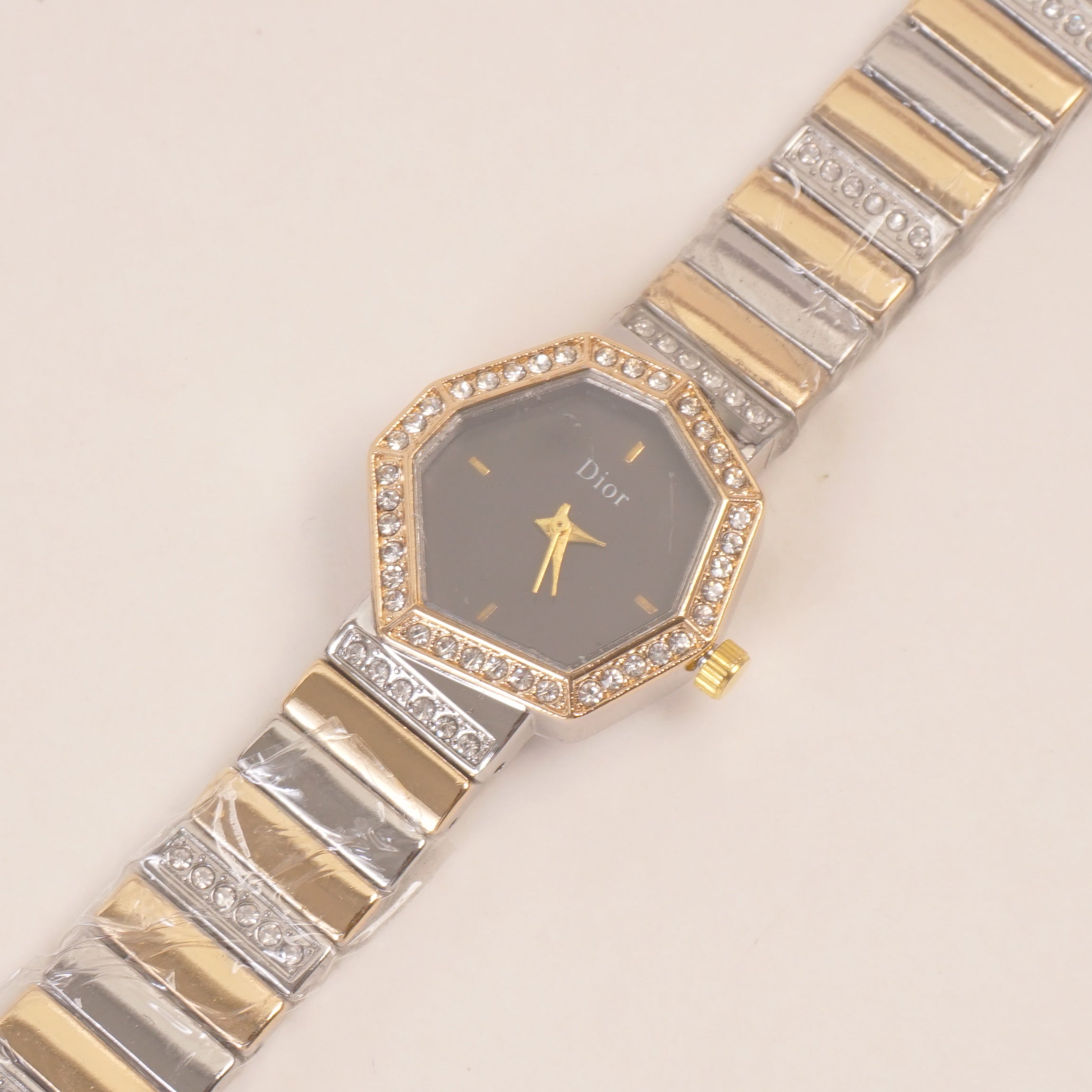 Two Tone Women Stone Design Chain Wrist Watch Black