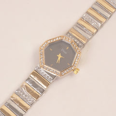 Two Tone Women Stone Design Chain Wrist Watch Black