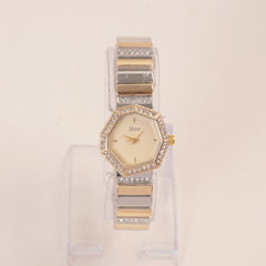 Two Tone Women Stone Design Chain Wrist Watch Golden