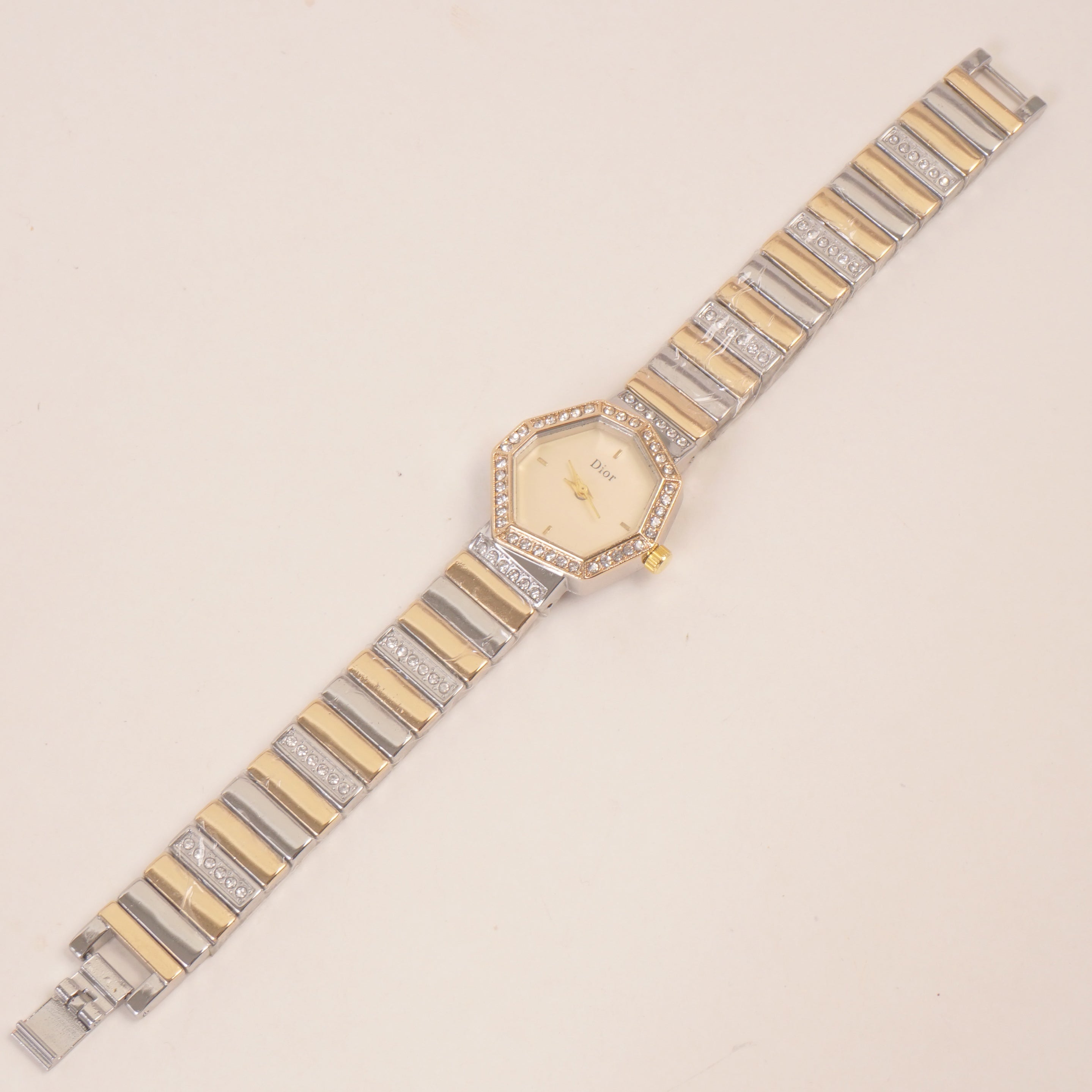 Two Tone Women Stone Design Chain Wrist Watch Golden