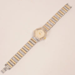 Two Tone Women Stone Design Chain Wrist Watch Golden