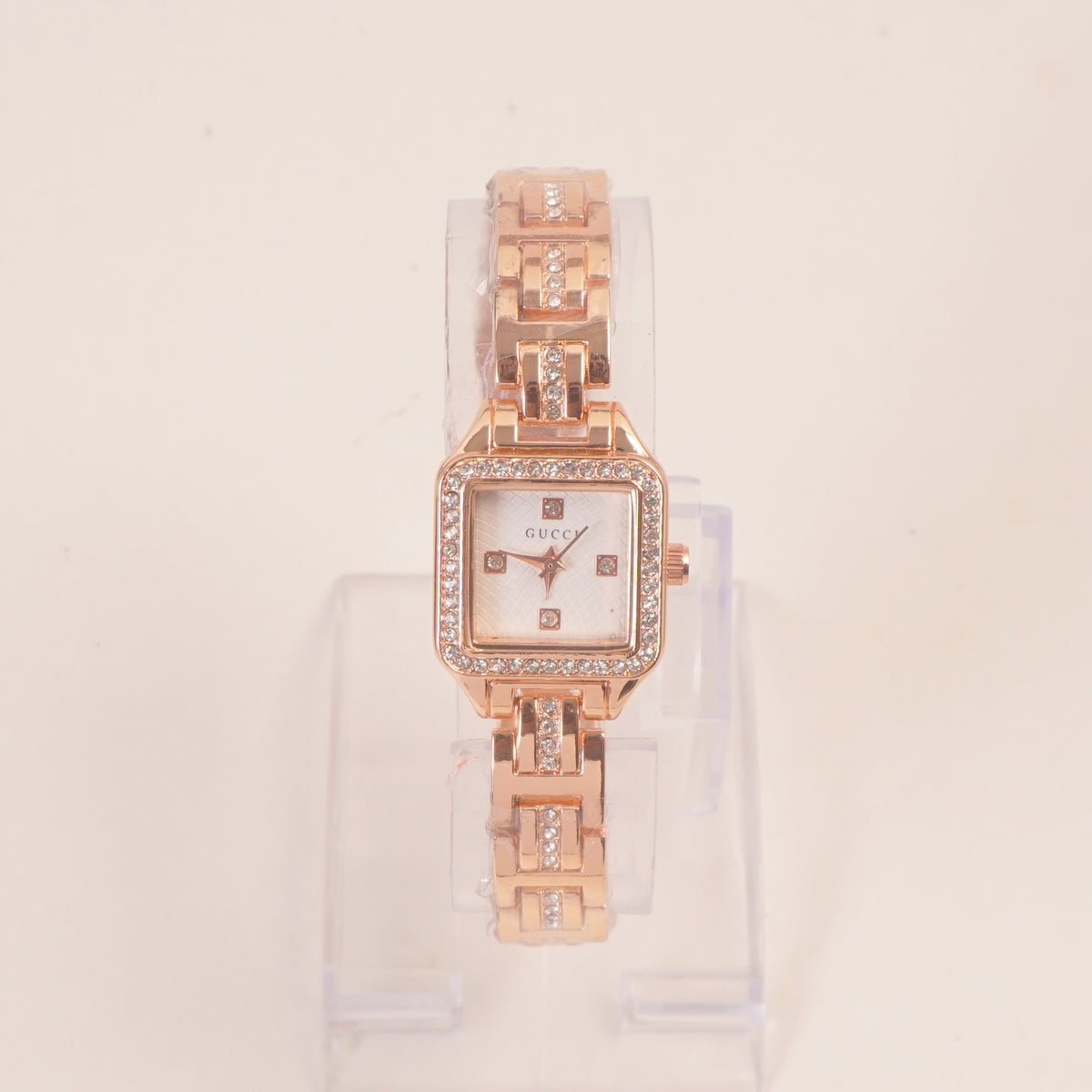 Women Stone Design Chain Wrist Watch Rosegold White