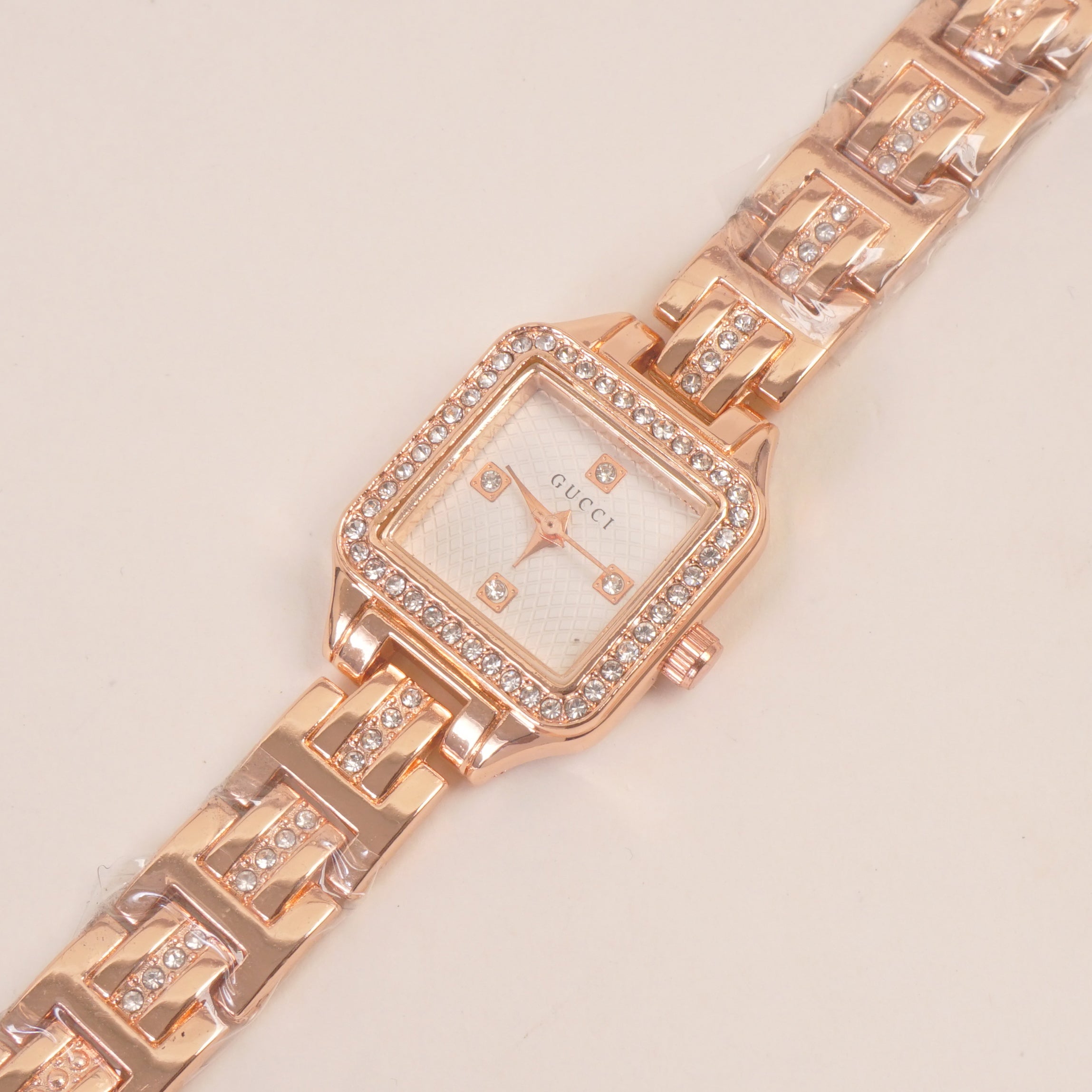 Women Stone Design Chain Wrist Watch Rosegold White