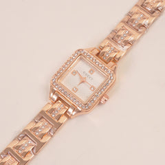 Women Stone Design Chain Wrist Watch Rosegold White