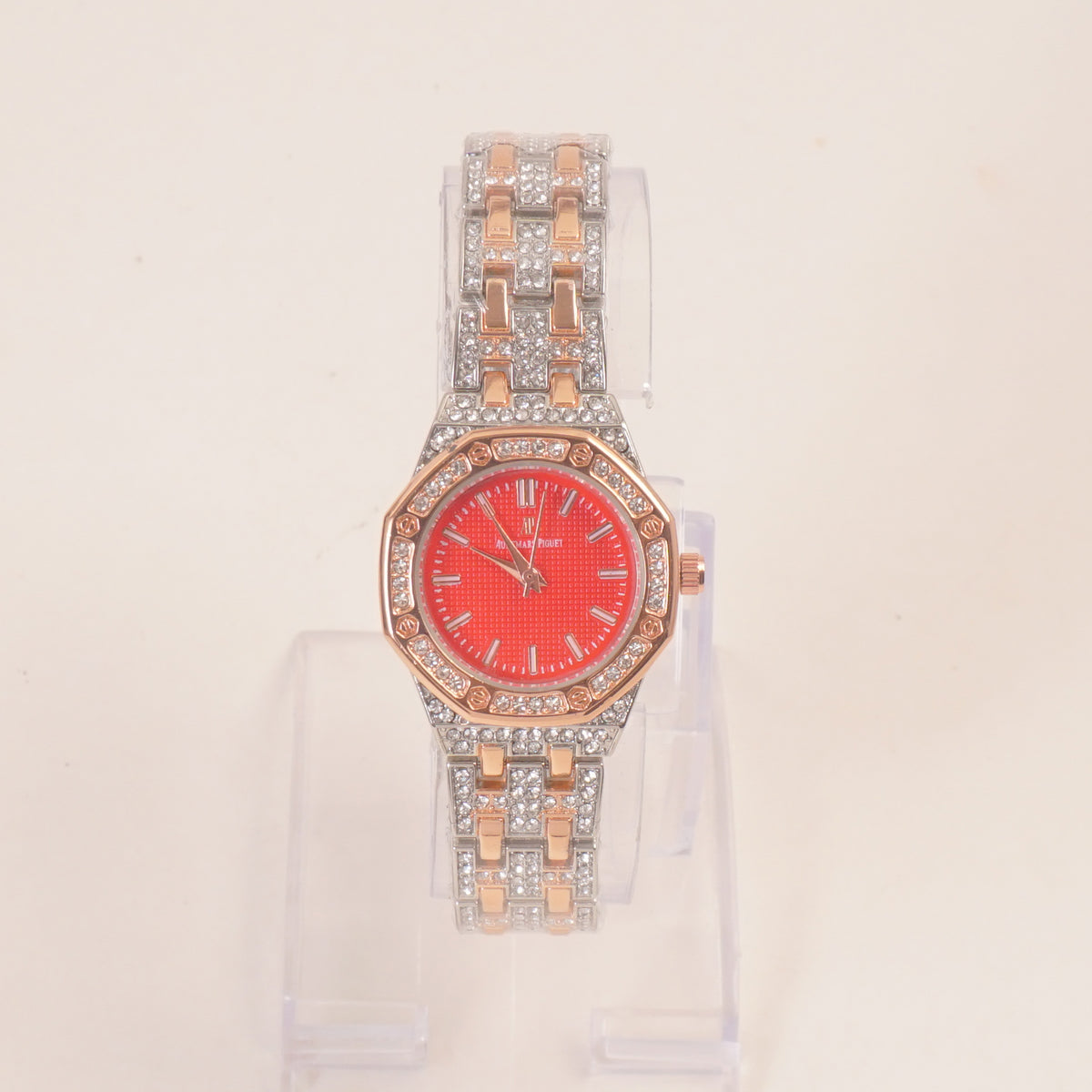 Two Tone Women Stone Design Chain Wrist Watch Red