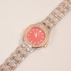 Two Tone Women Stone Design Chain Wrist Watch Red