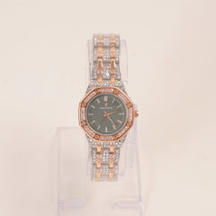 Two Tone Women Stone Design Chain Wrist Watch Green