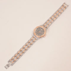 Two Tone Women Stone Design Chain Wrist Watch Green