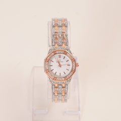 Two Tone Women Stone Design Chain Wrist Watch White