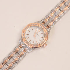 Two Tone Women Stone Design Chain Wrist Watch White