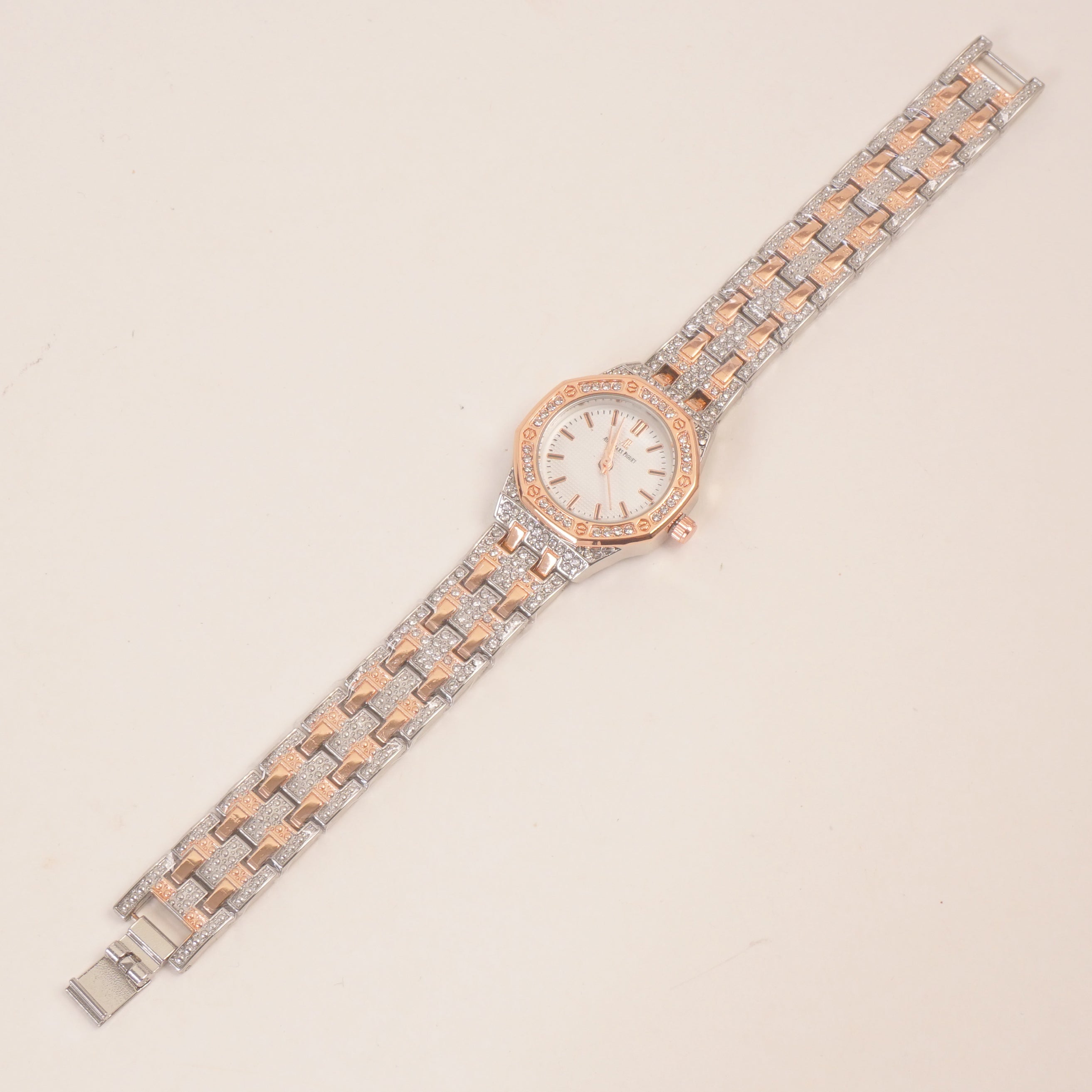 Two Tone Women Stone Design Chain Wrist Watch White