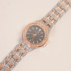 Two Tone Women Stone Design Chain Wrist Watch Black