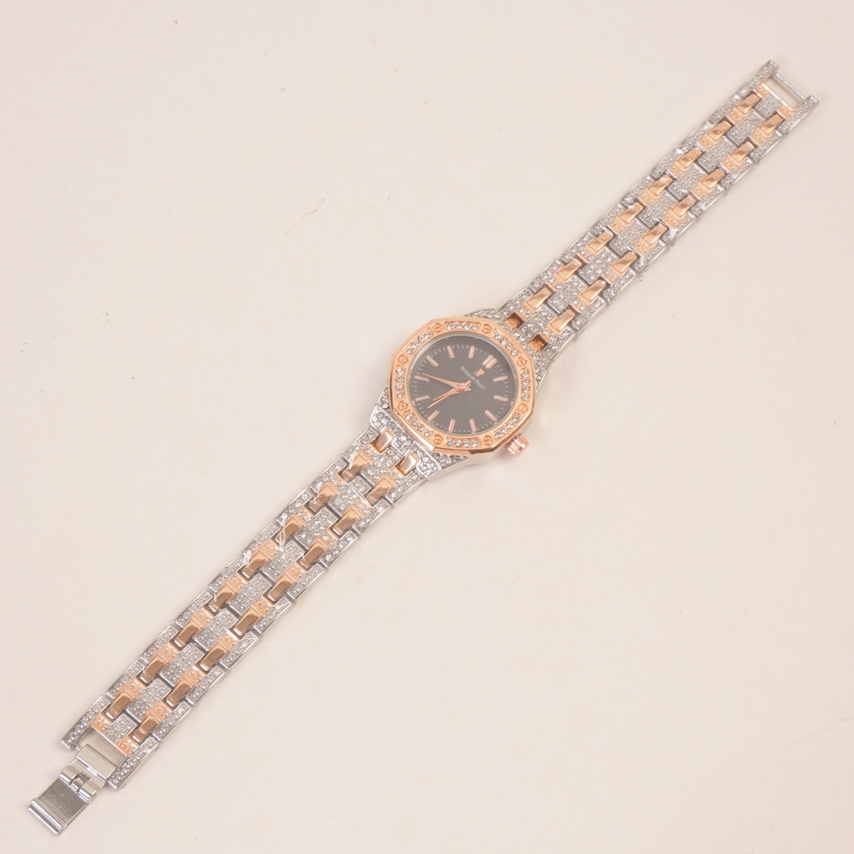 Two Tone Women Stone Design Chain Wrist Watch Black