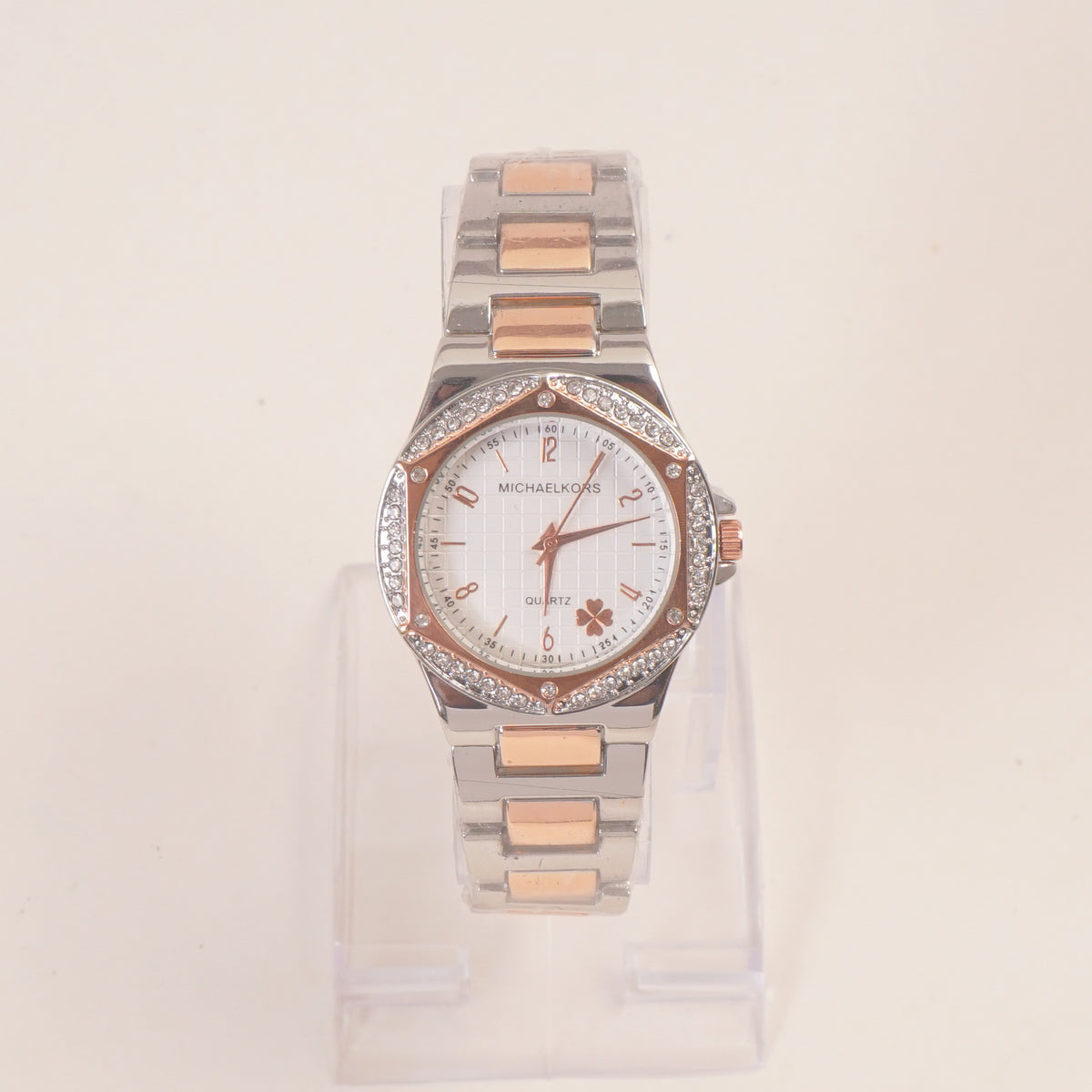 Two Tone Rosegold Women Stone Design Chain Wrist Watch White