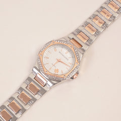 Two Tone Rosegold Women Stone Design Chain Wrist Watch White