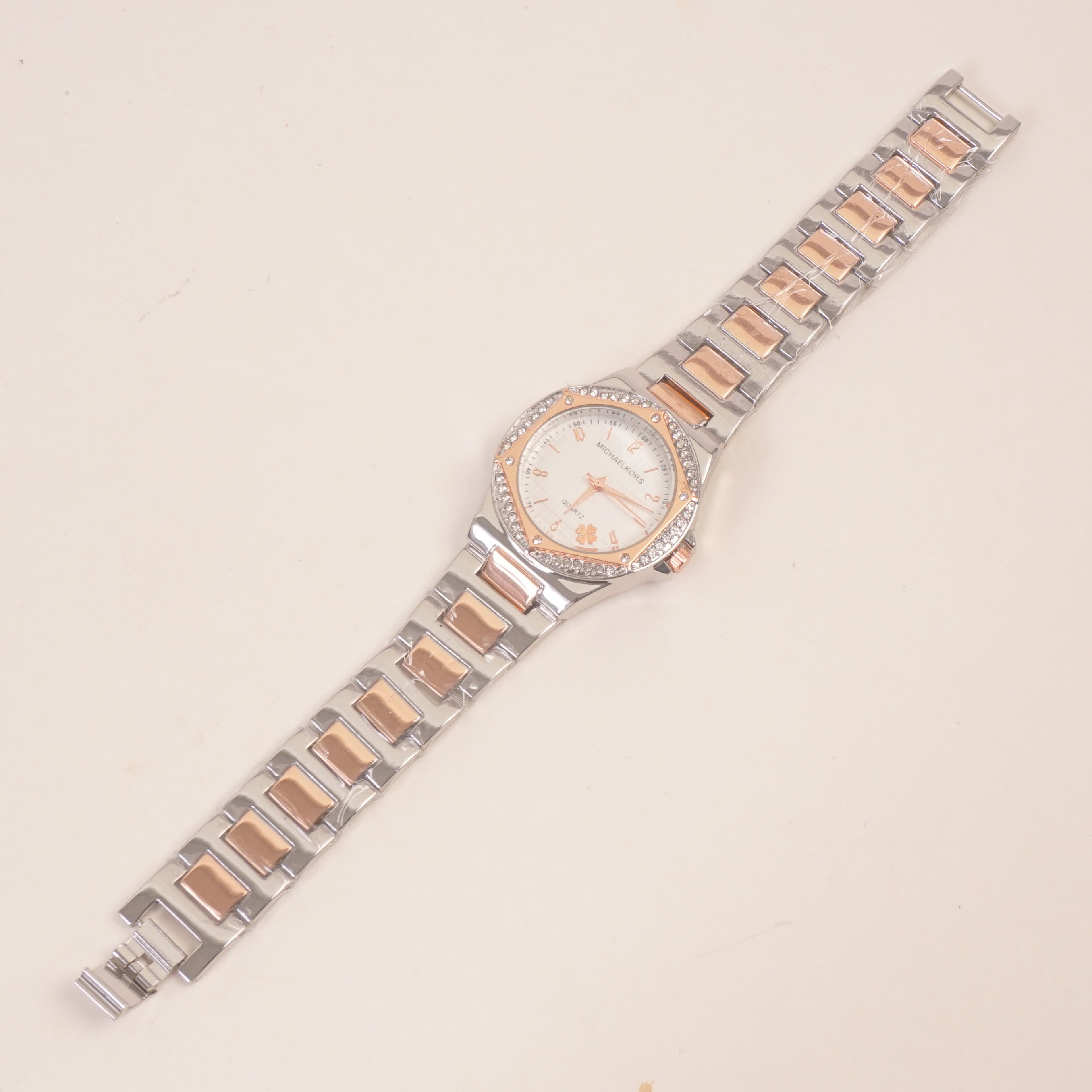 Two Tone Rosegold Women Stone Design Chain Wrist Watch White