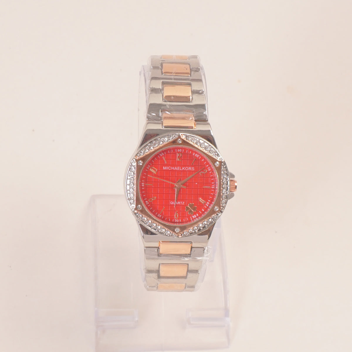 Two Tone Women Stone Design Chain Wrist Watch Red