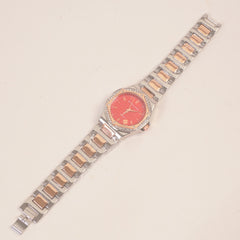 Two Tone Women Stone Design Chain Wrist Watch Red