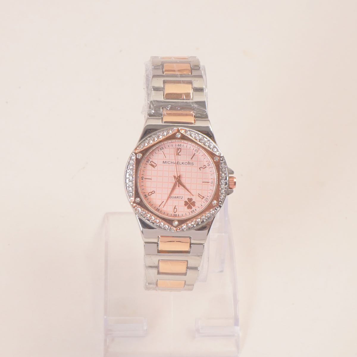 Two Tone Women Stone Design Chain Wrist Watch Pink