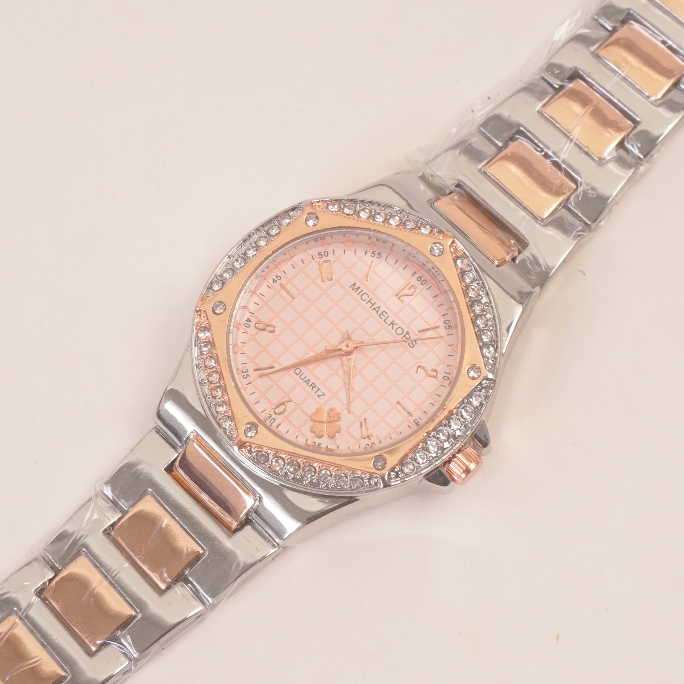 Two Tone Women Stone Design Chain Wrist Watch Pink