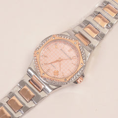 Two Tone Women Stone Design Chain Wrist Watch Pink