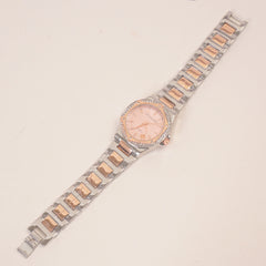 Two Tone Women Stone Design Chain Wrist Watch Pink