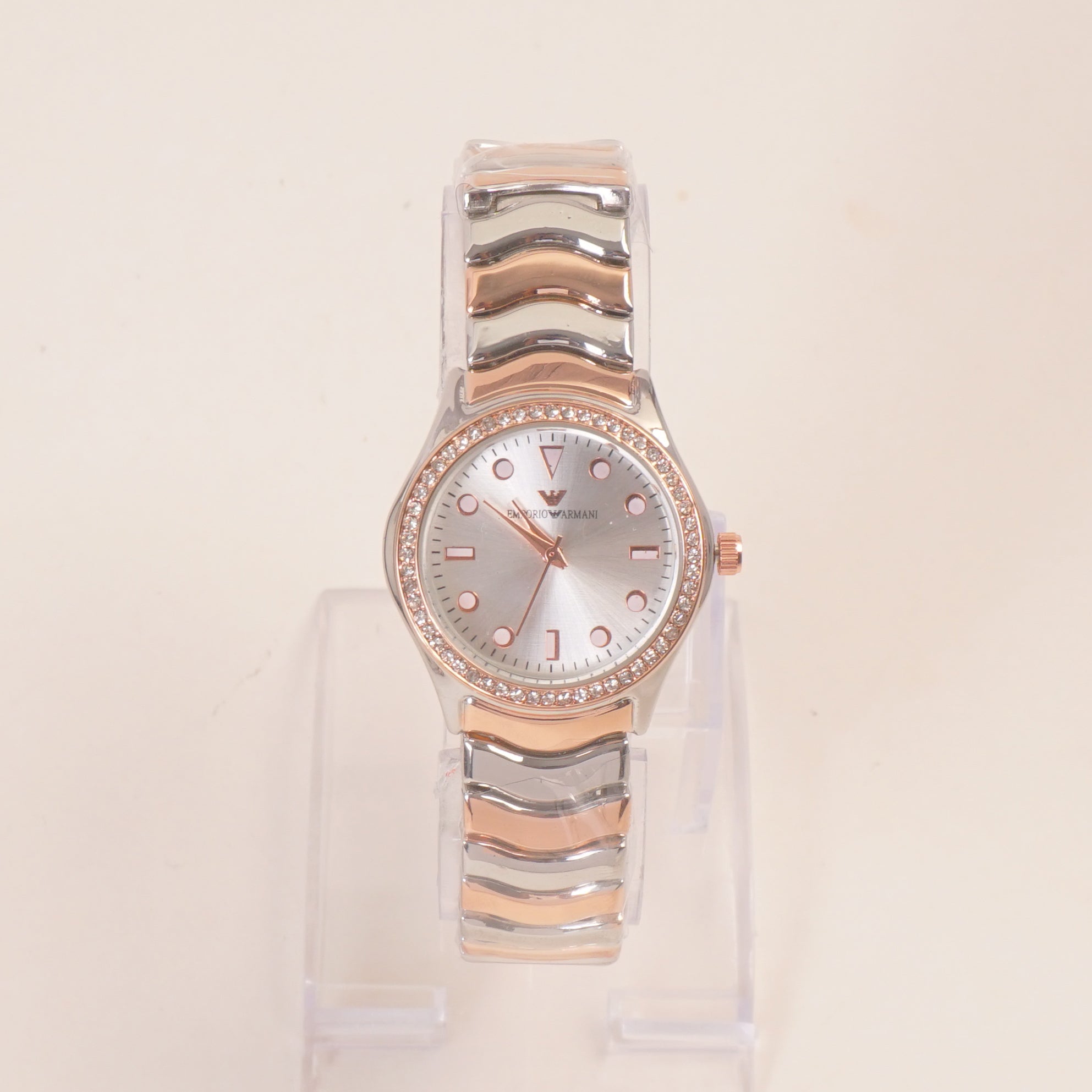 Two Tone Rosegold Women Stone Design Chain Wrist Watch Silver Dial