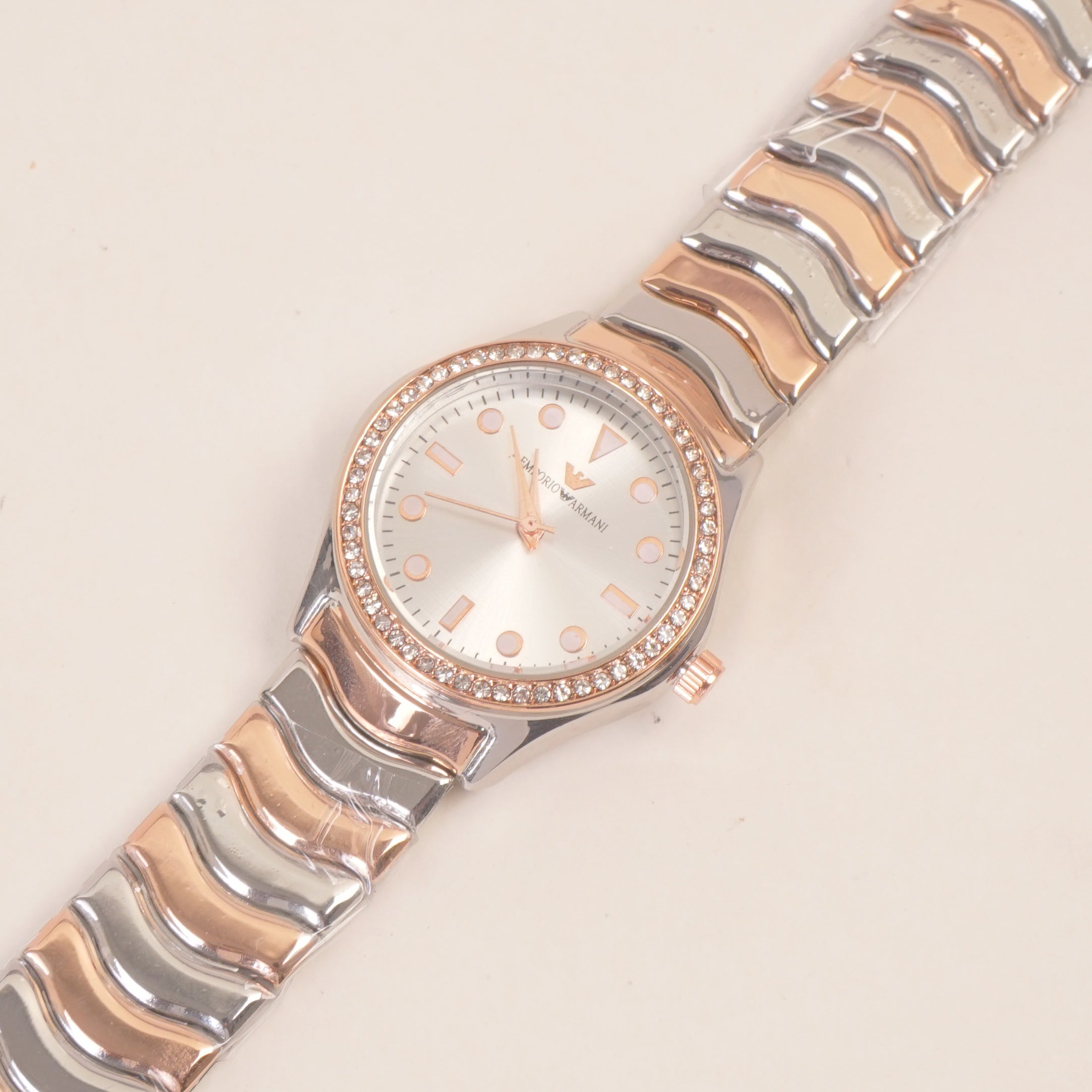 Two Tone Rosegold Women Stone Design Chain Wrist Watch Silver Dial