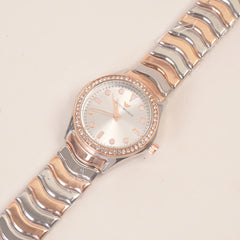 Two Tone Rosegold Women Stone Design Chain Wrist Watch Silver Dial