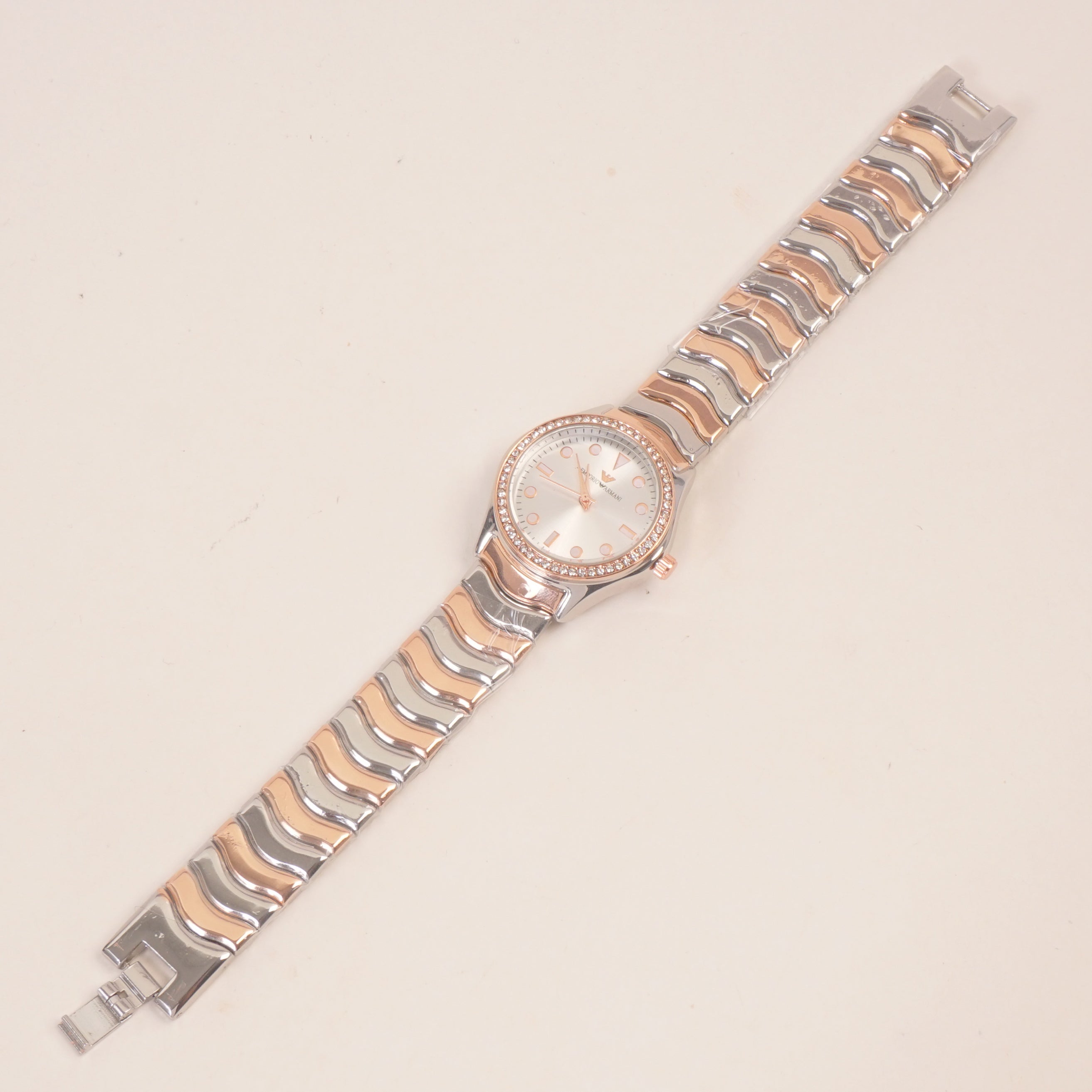 Two Tone Rosegold Women Stone Design Chain Wrist Watch Silver Dial