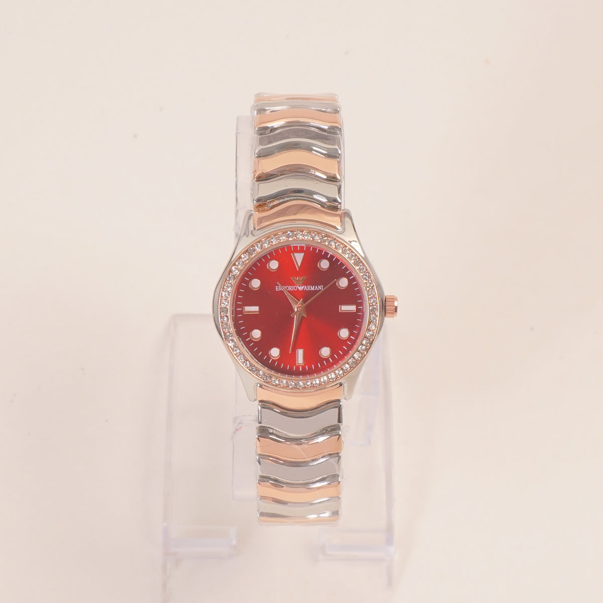 Two Tone Women Stone Design Chain Wrist Watch Red Dial