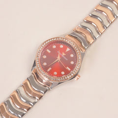 Two Tone Women Stone Design Chain Wrist Watch Red Dial