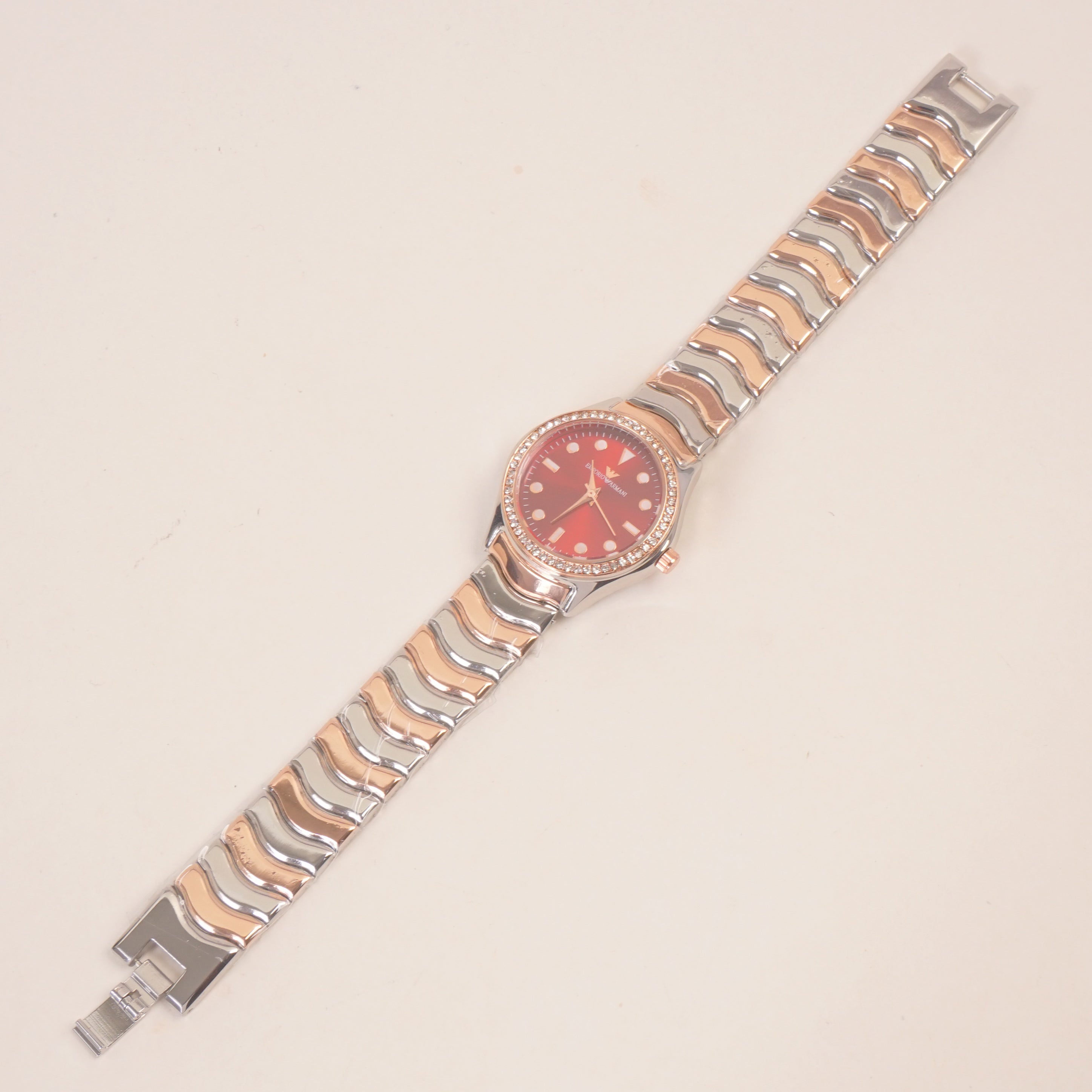 Two Tone Women Stone Design Chain Wrist Watch Red Dial