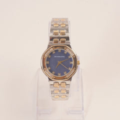 Two Tone Women Stone Design Chain Wrist Watch Blue Dial