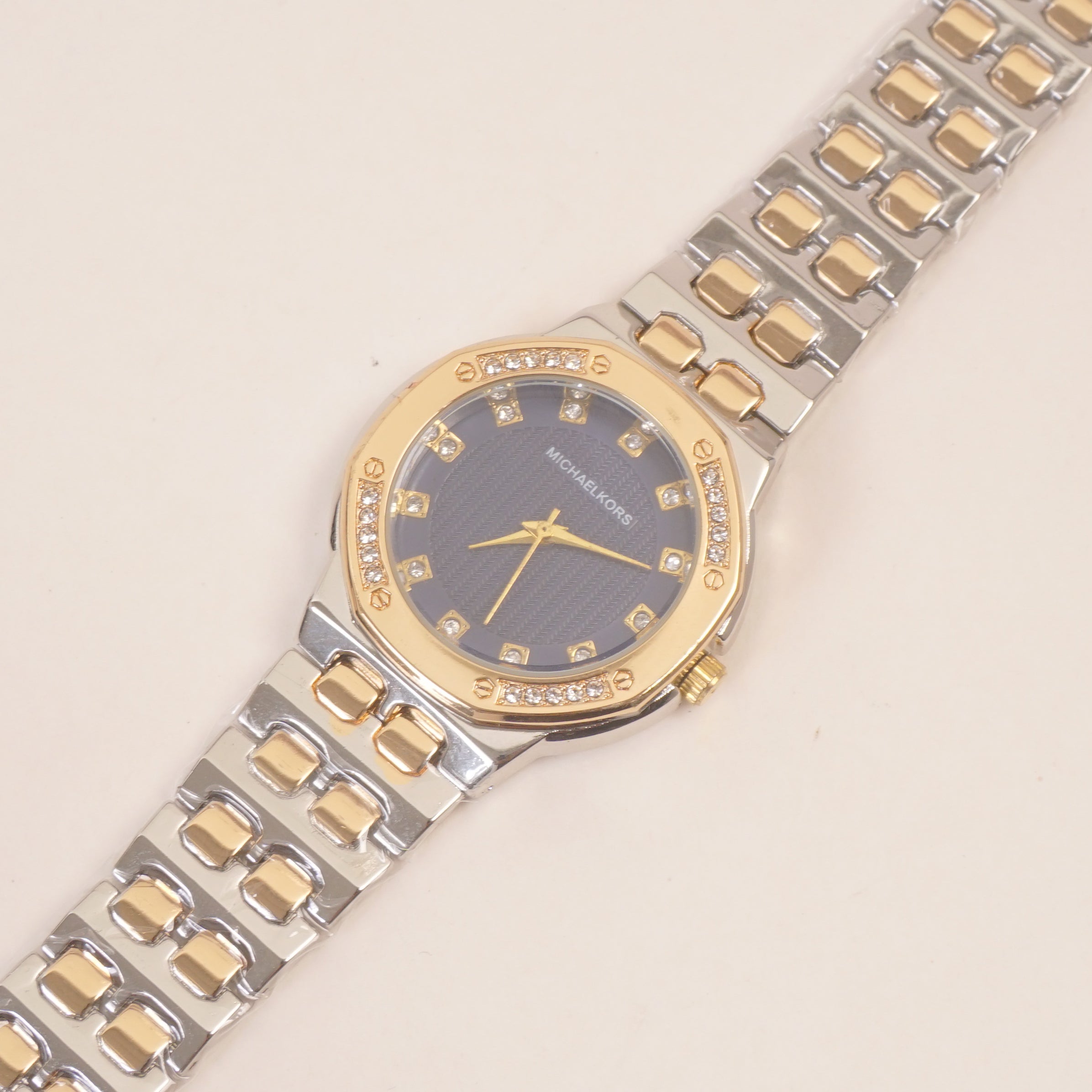 Two Tone Women Stone Design Chain Wrist Watch Blue Dial