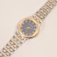 Two Tone Women Stone Design Chain Wrist Watch Blue Dial